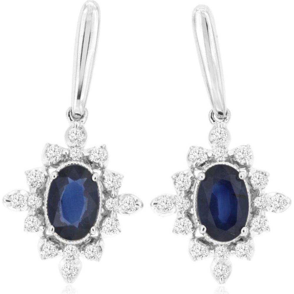 14K White Gold Sapphire and Diamond Halo Earrings - 1.30 Carats Total Sapphire Weight, 0.66 Carats Total Diamond Weight