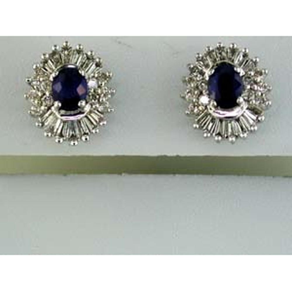 14K White Gold Sapphire and Diamond Halo Earrings with Oval Sapphire and Round & Baguette Diamonds - 1.55 Carats Total Gem Weight