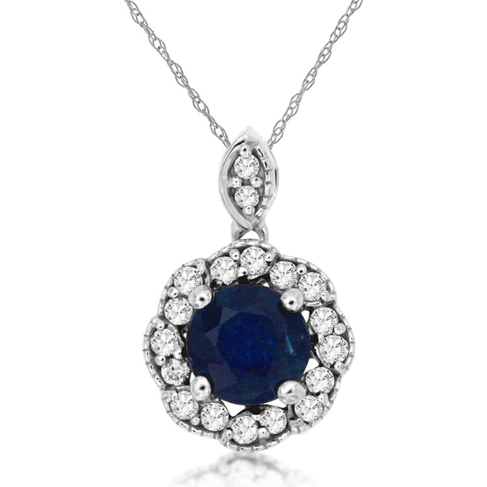14K White Gold Sapphire & Diamond Halo Pendant - 0.80 Carats Sapphire, 0.16 Carats Total Diamond Weight