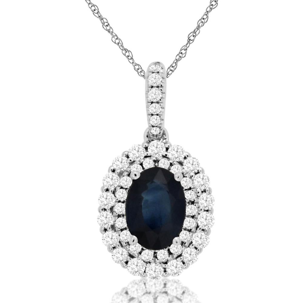 14K White Gold Sapphire & Diamond Halo Pendant Necklace - 1.39 Carats Total Gem Weight