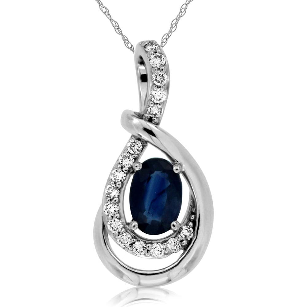 14K White Gold Sapphire & Diamond Halo Pendant with 0.65 Carats Oval Sapphire and 0.13 Carats Total Diamond Weight
