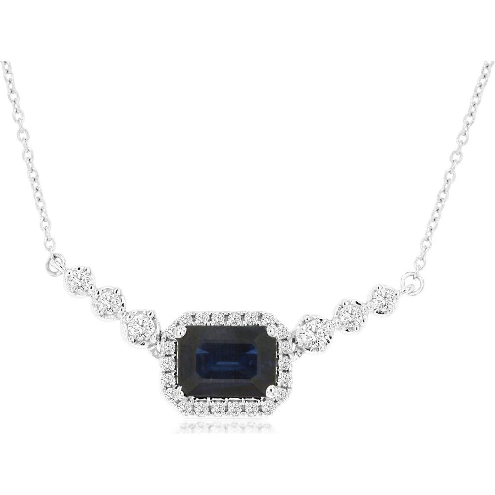 14K White Gold Sapphire & Diamond Halo Pendant with Emerald-Cut Sapphire - 1.34 Carats Total Gem Weight