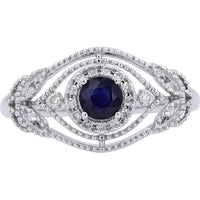 14K White Gold Sapphire and Diamond Halo Ring - 0.08 Carat Total Diamond Weight