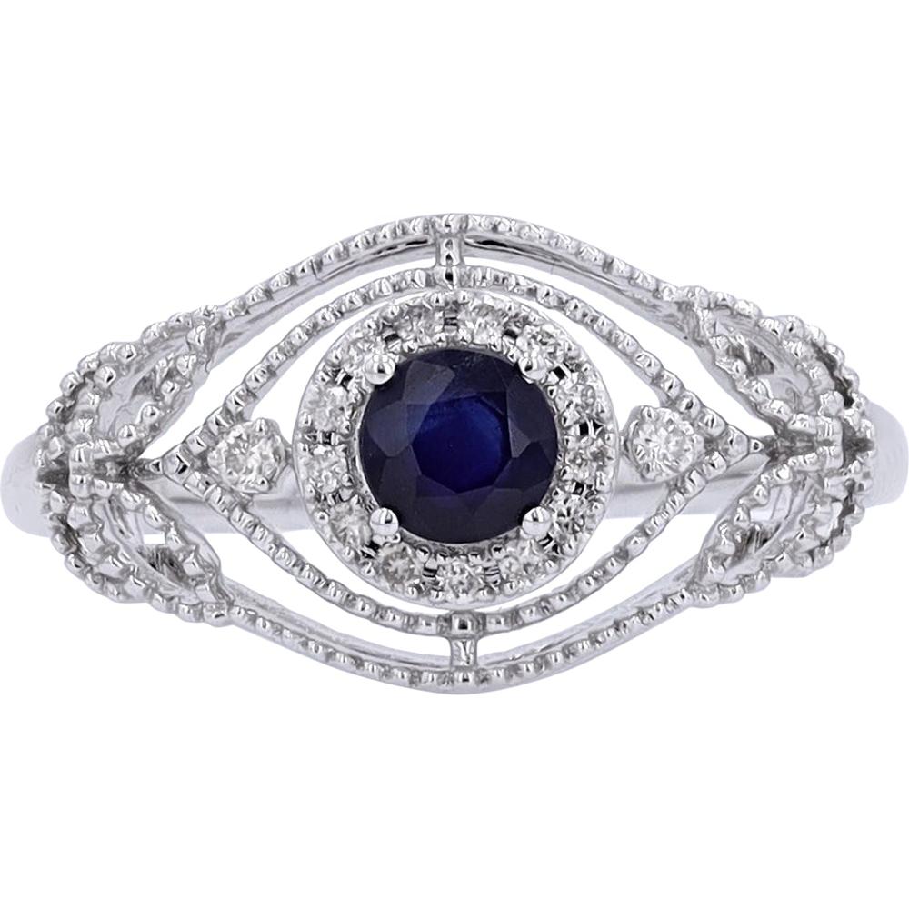 14K White Gold Sapphire and Diamond Halo Ring - 0.08 Carat Total Diamond Weight