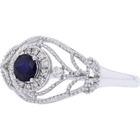 14K White Gold Sapphire and Diamond Halo Ring - 0.08 Carat Total Diamond Weight