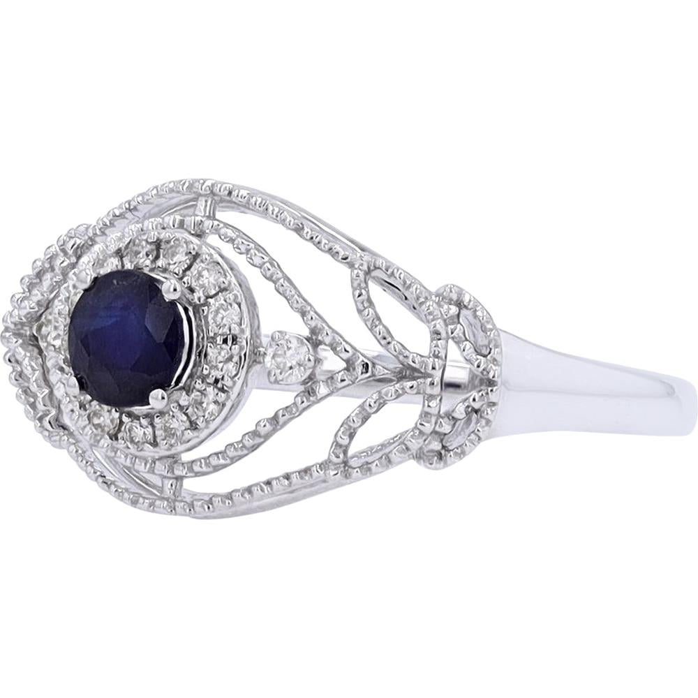 14K White Gold Sapphire and Diamond Halo Ring - 0.08 Carat Total Diamond Weight