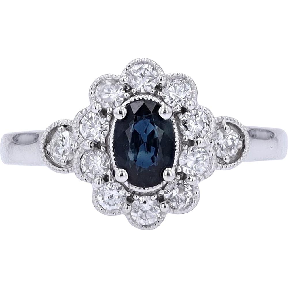 14K White Gold Sapphire & Diamond Halo Ring - 0.50 Carats Total Carats Weight