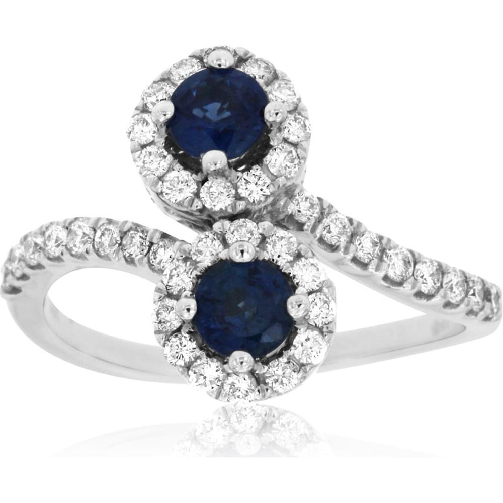 14K White Gold Sapphire & Diamond Halo Ring - 1.04 Carats Total Sapphire Weight, 0.56 Carats Total Diamond Weight