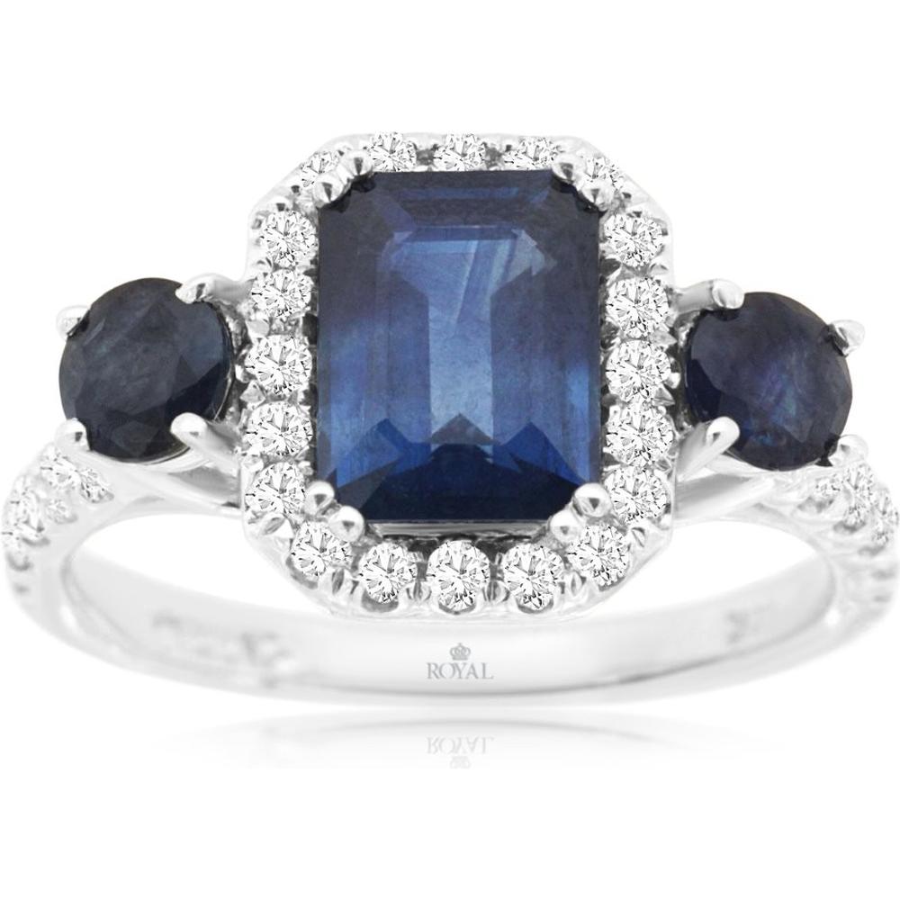 14K White Gold Sapphire & Diamond Halo Ring - 1.85 Carats Sapphire & 1 Carats Total Diamond Weight