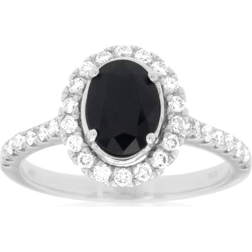14K White Gold Sapphire & Diamond Halo Ring - 1.90 Carats Total Carat Weight