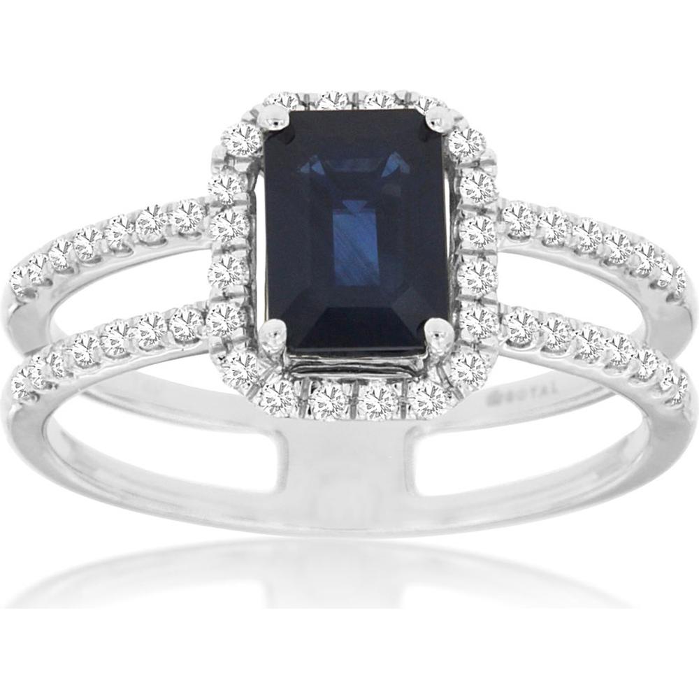 14K White Gold Sapphire & Diamond Halo Ring with 1.10 Carats Emerald Cut Sapphire and 0.30 Carats Total Diamond Weight