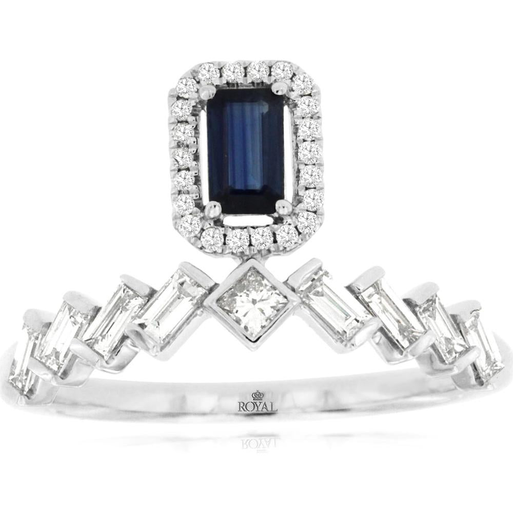 14K White Gold Sapphire & Diamond Halo Ring with Emerald Cut Sapphire - 0.37 Carats Sapphire, 0.35 Carats Total Diamond Weight