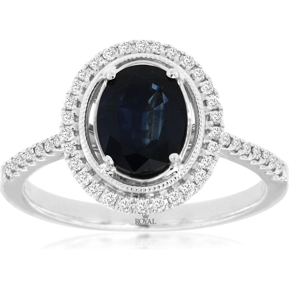 14K White Gold Sapphire & Diamond Halo Ring with Oval Sapphire - 1.67 Carats Total Weight