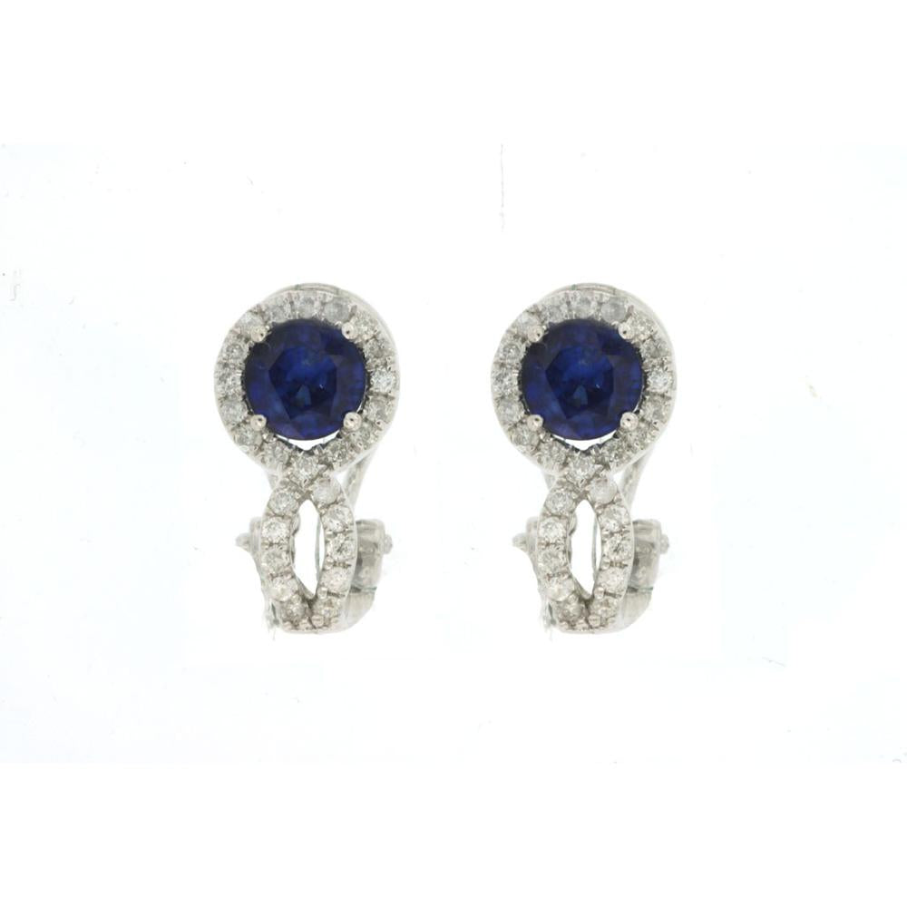 14K White Gold Sapphire and Diamond Halo Stud Earrings - 1.10 Carats Sapphire, 0.68 Carats Diamond