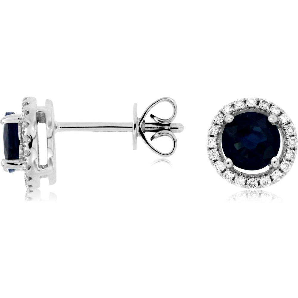 14K White Gold Sapphire & Diamond Halo Stud Earrings - 1.10 Carats Sapphire Total Weight, 0.30 Carats Total Diamond Weight