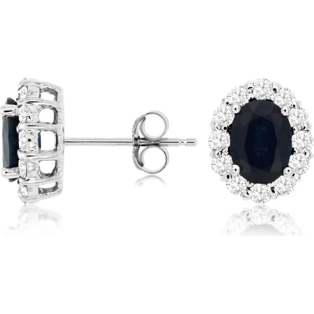 14K White Gold Sapphire & Diamond Halo Stud Earrings - 2.00 Carats Total Sapphire Weight, 0.60 Carats Total Diamond Weight