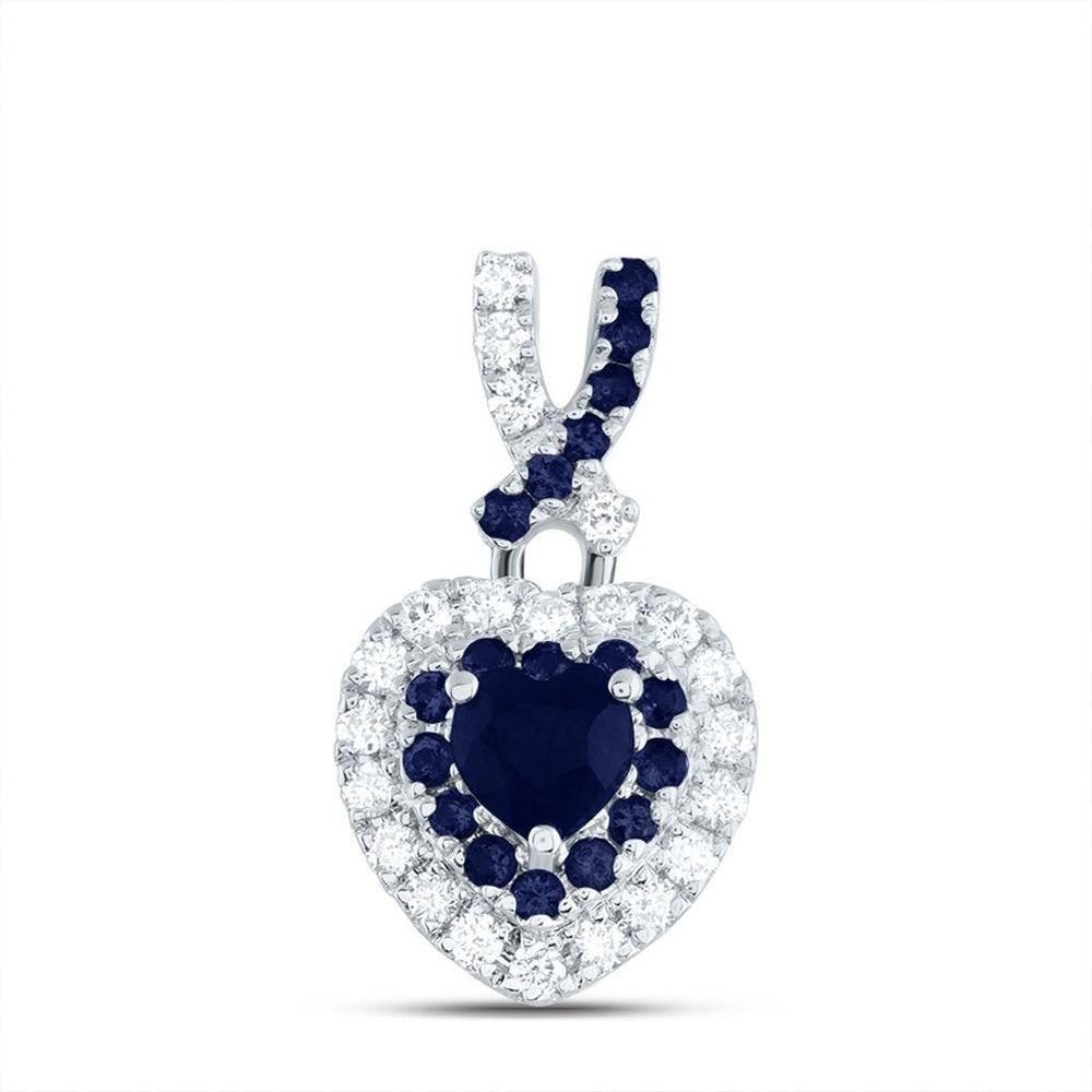 14K White Gold Sapphire and Diamond Heart Pendant - 1/2 Carat Total Gemstone Weight