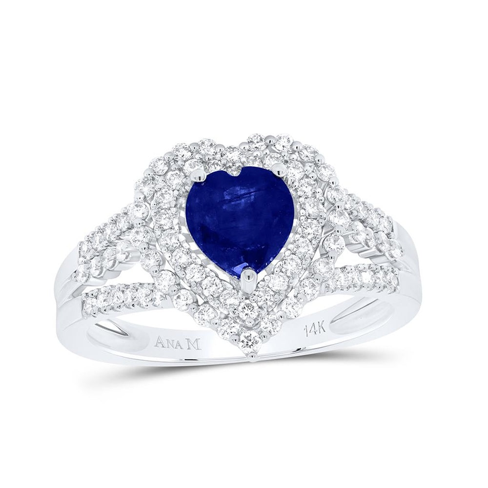 14K White Gold Sapphire and Diamond Heart Ring - 1 5/8 Carat Total Gemstone Weight