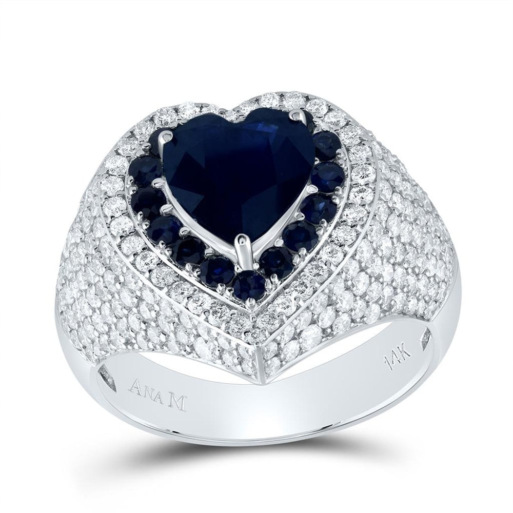 14K White Gold Sapphire and Diamond Heart Ring - 4 1/2 Carat Total Gemstone Weight
