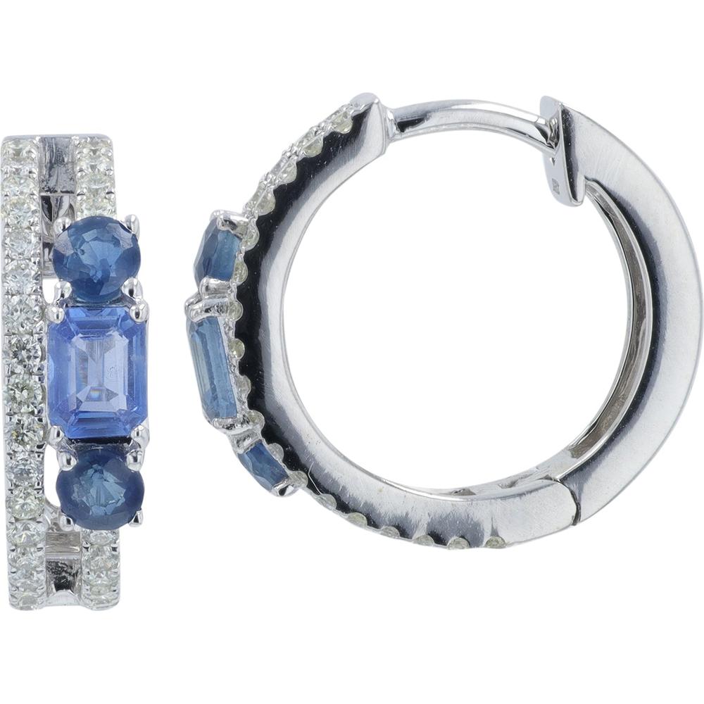 14K White Gold Sapphire and Diamond Hoop Earrings - 1.00 Carat Sapphire, 0.40 Carat Total Diamond Weight