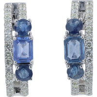 14K White Gold Sapphire and Diamond Hoop Earrings - 1.00 Carat Sapphire, 0.40 Carat Total Diamond Weight