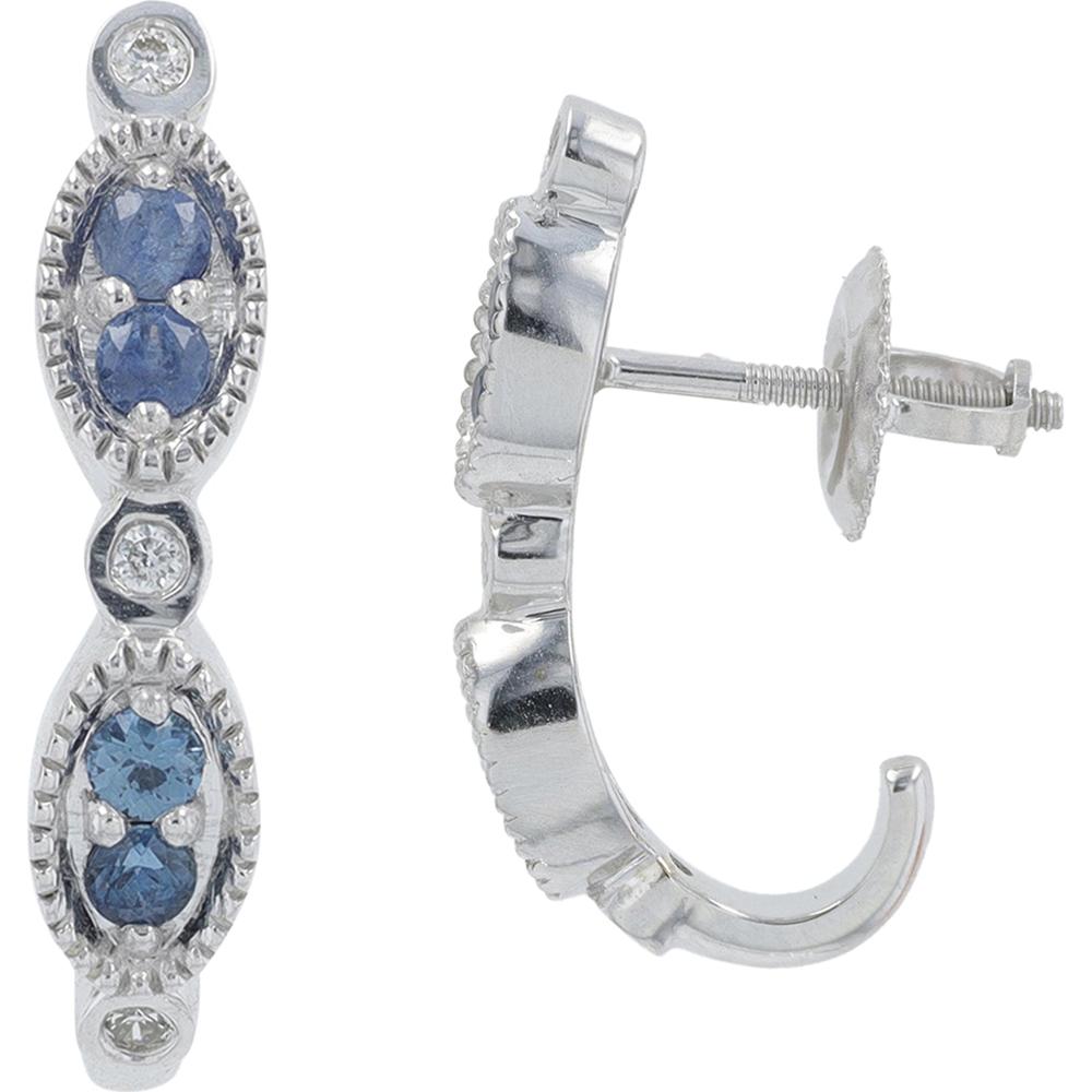 14K White Gold Sapphire and Diamond J-Hoop Earrings - 0.27 Carats Sapphire, 0.07 Carats Diamond Total Weight