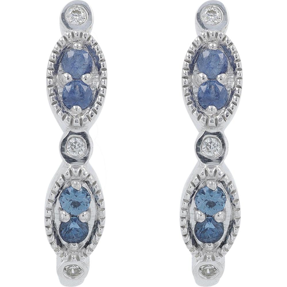 14K White Gold Sapphire and Diamond J-Hoop Earrings - 0.27 Carats Sapphire, 0.07 Carats Diamond Total Weight