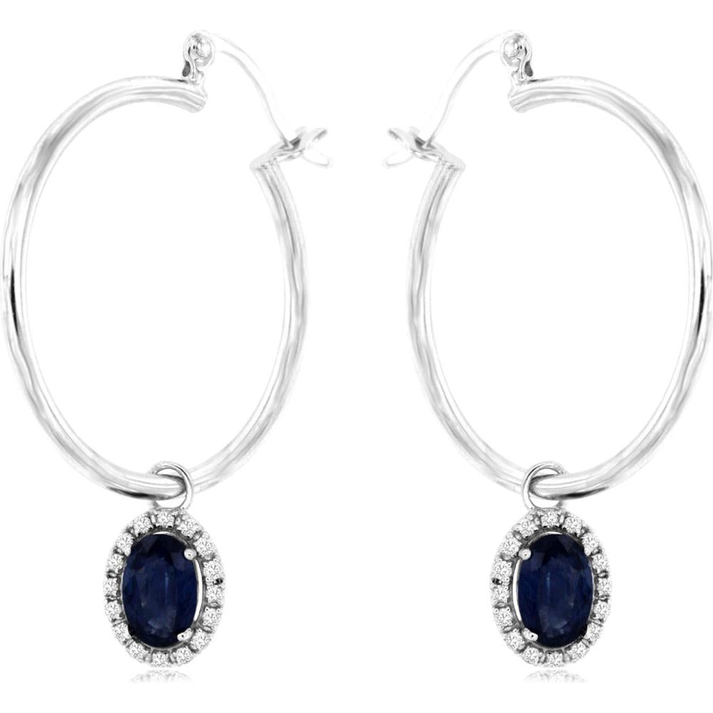 14K White Gold Sapphire & Diamond Large Hoop Earrings with Oval Sapphire - 1.43 Carats Total Gem Weight