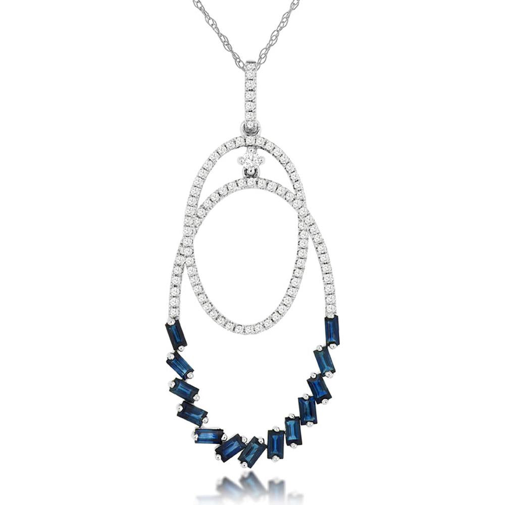 14K White Gold Sapphire and Diamond Open Pendant with Baguette Sapphires - 0.68 Carat Total Sapphire Weight and 0.28 Carat Total Diamond Weight - Royal Jewelry