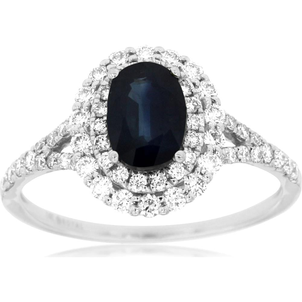 14K White Gold Sapphire & Diamond Oval Halo Ring - 1.50 Carats Total Gem Weight