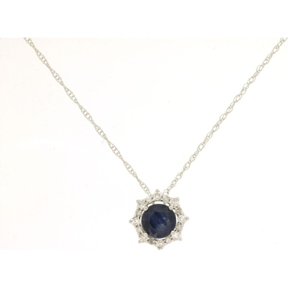 14K White Gold Sapphire & Diamond Pendant Necklace - 0.45 Carats Sapphire, 0.10 Carats Total Diamond Weight