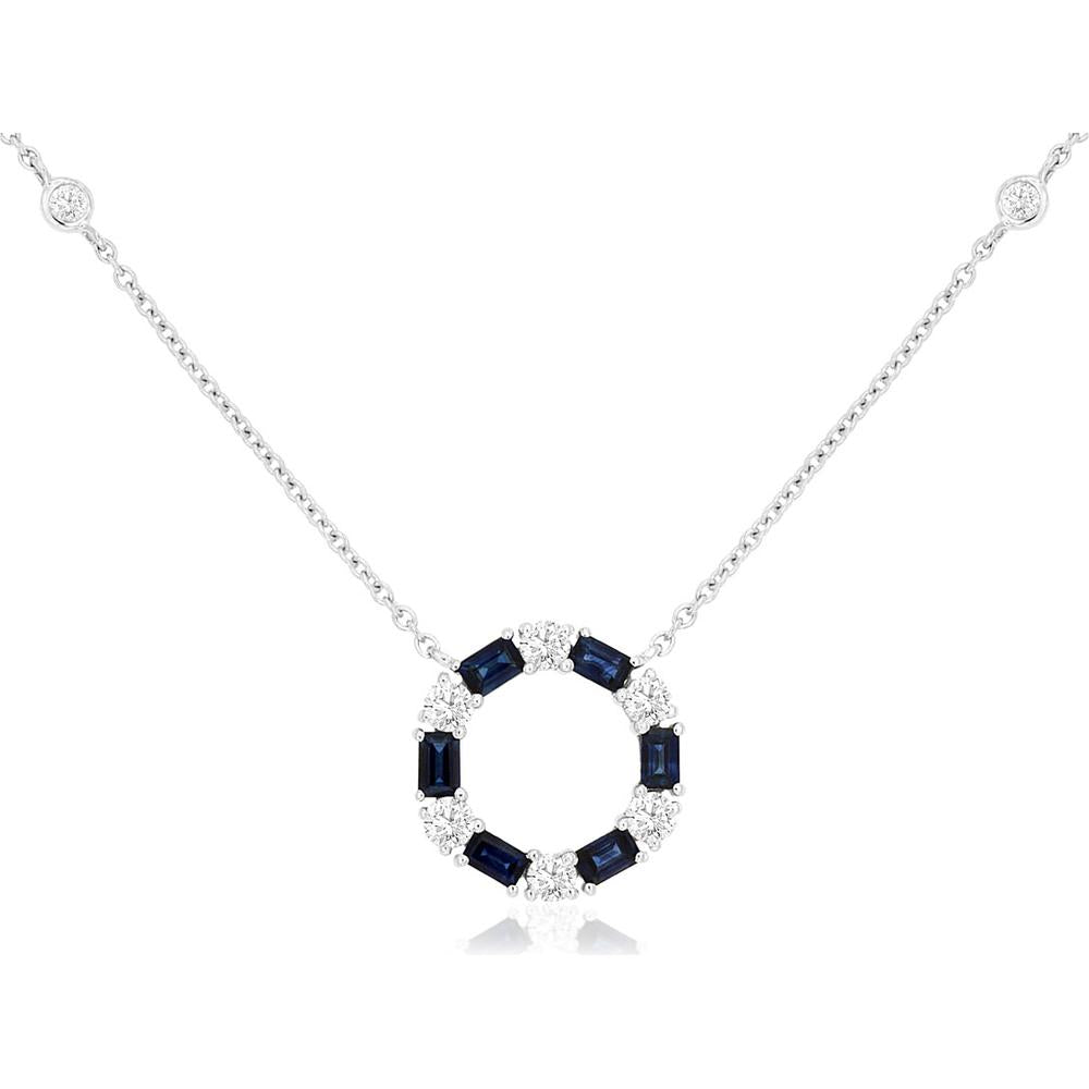 14K White Gold Sapphire & Diamond Pendant Necklace with Baguette Sapphires & Round Diamonds - 1.10 Carats Total Gem Weight