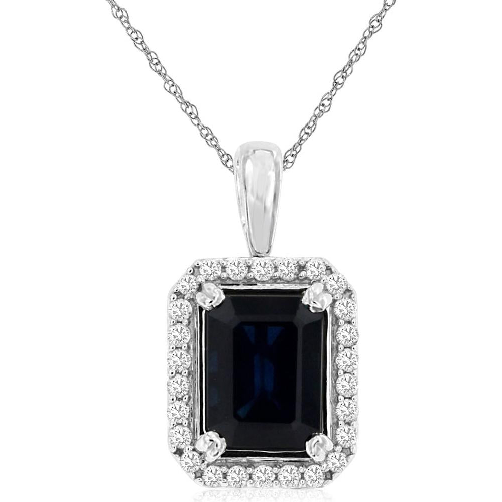 14K White Gold Sapphire & Diamond Pendant with Milgrain Detail - 2.30 Carats Sapphire, 0.20 Carats Diamond Weight