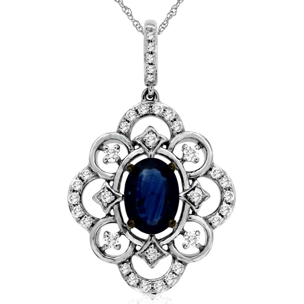 14K White Gold Sapphire and Diamond Pendant with Oval Sapphire - 1.24 Carats Total Gem Weight