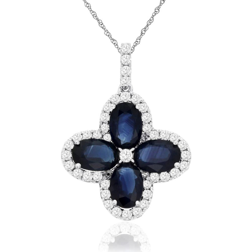 14K White Gold Sapphire & Diamond Pendant with Oval Sapphires - 2.90 Carats Total Gem Weight