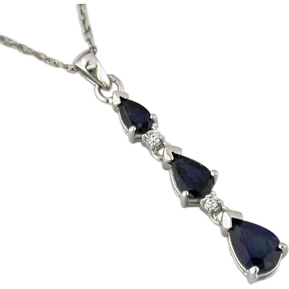 14K White Gold Sapphire & Diamond Pendant with Pear and Round Stones - 1.64 Carats Total Gem Weight