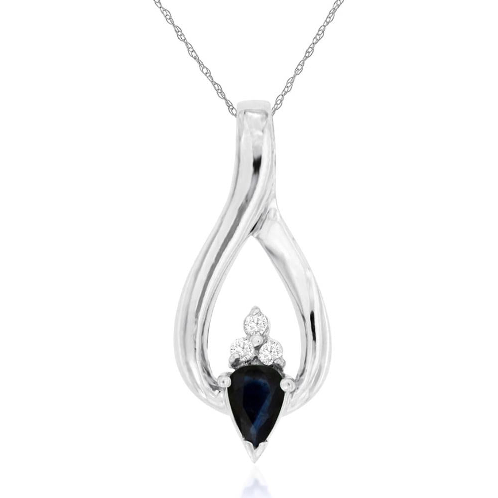 14K White Gold Sapphire & Diamond Pendant with Pear-Shaped Sapphire - 0.65 Carats Sapphire, 0.06 Carats Total Diamond Weight