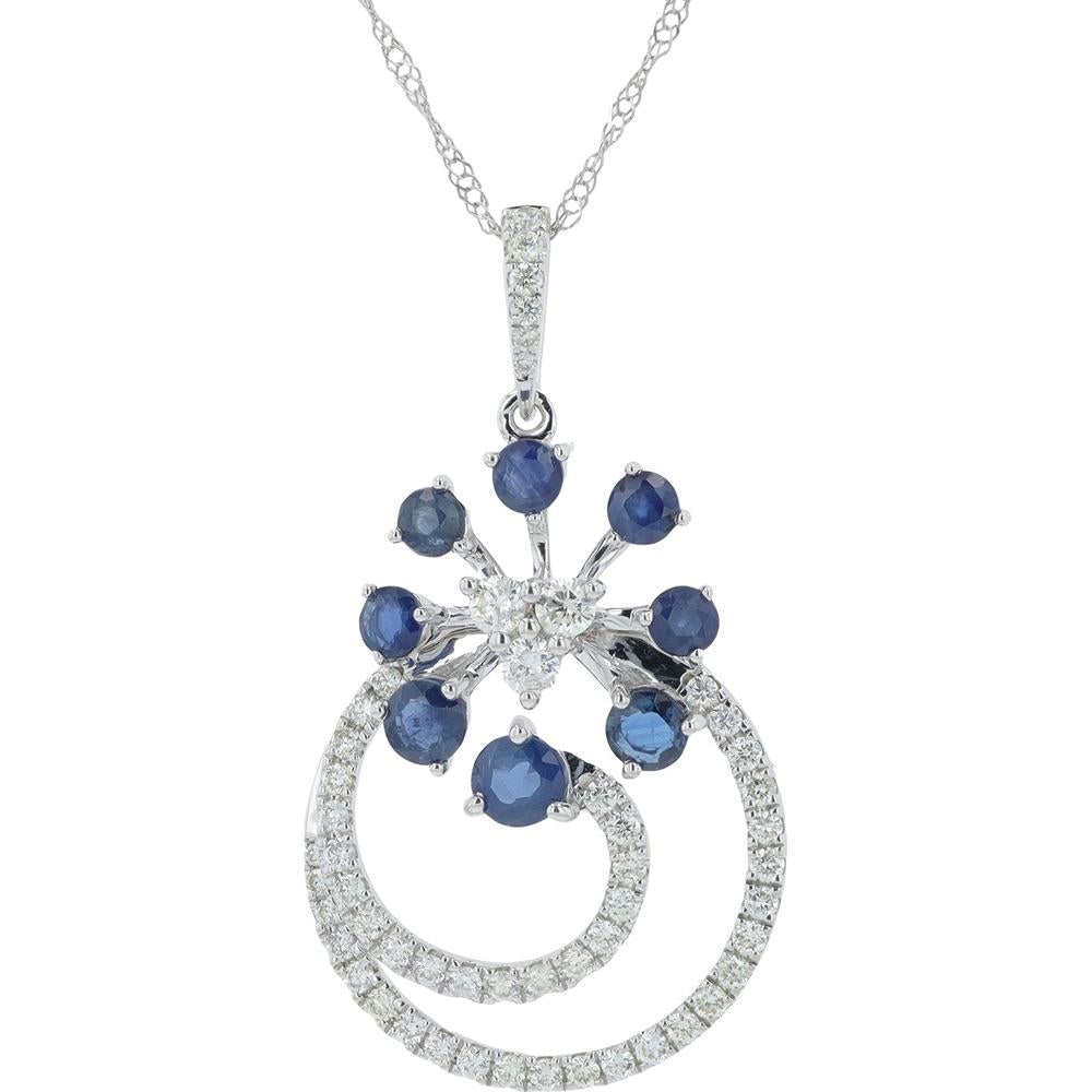 14K White Gold Sapphire and Diamond Pendant with Round Sapphires and Diamond Accents - 1.00 Carat Sapphire, 0.52 Carat Total Diamond Weight