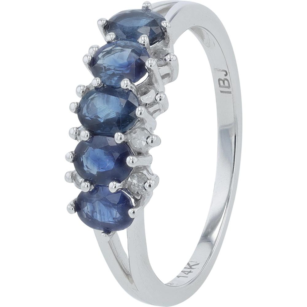 14K White Gold Sapphire and Diamond Prong Set Band with Oval-Cut Sapphires - 0.10 Carats Diamond Accents
