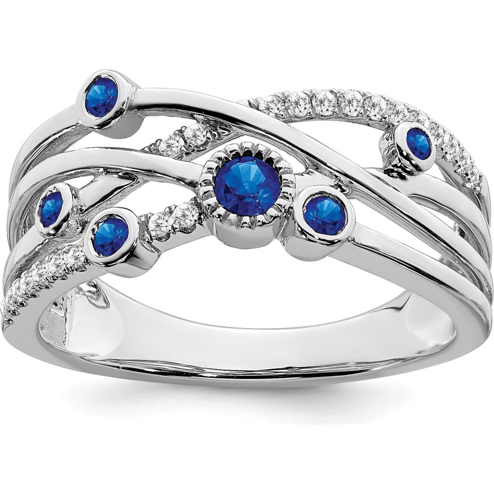 14K White Gold Sapphire and Diamond Ring with 22 Round Diamonds and Five Round Sapphires - 0.14 Carat Total Diamond Weight by 0