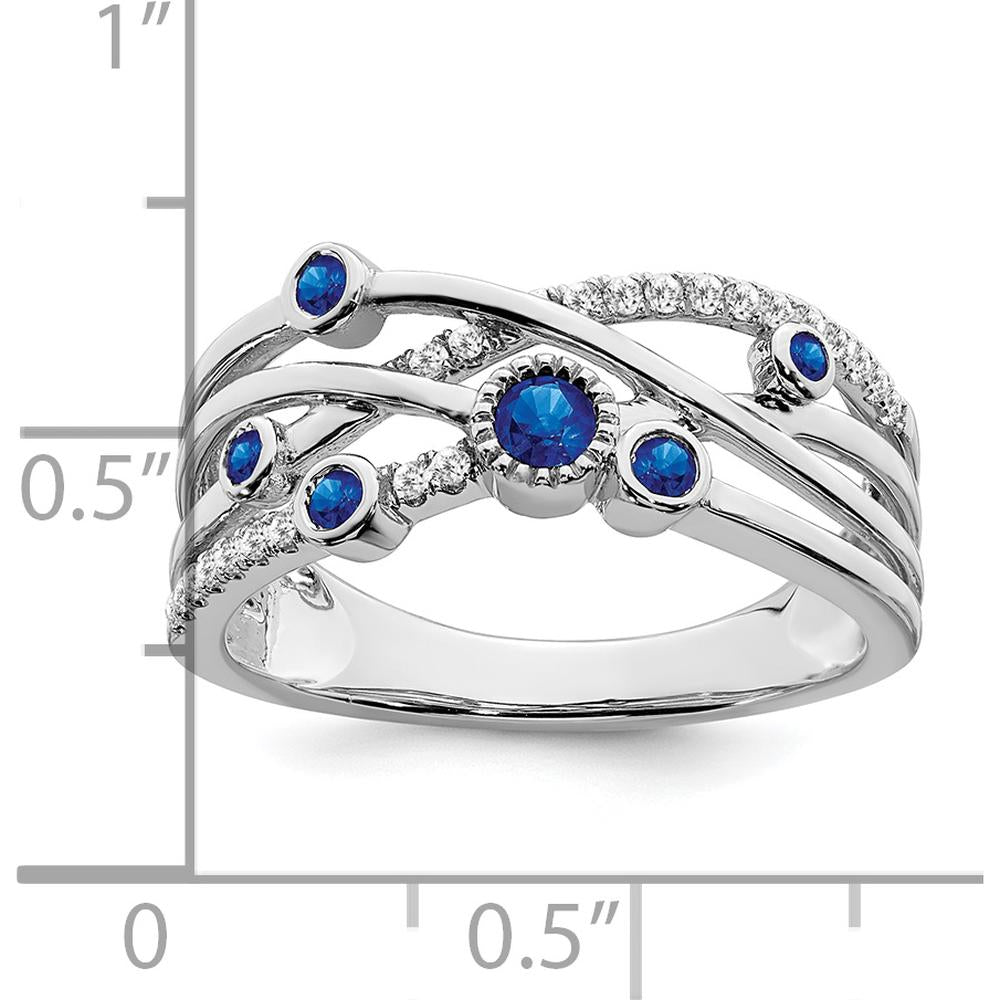 14K White Gold Sapphire and Diamond Ring with 22 Round Diamonds and Five Round Sapphires - 0.14 Carat Total Diamond Weight by 0