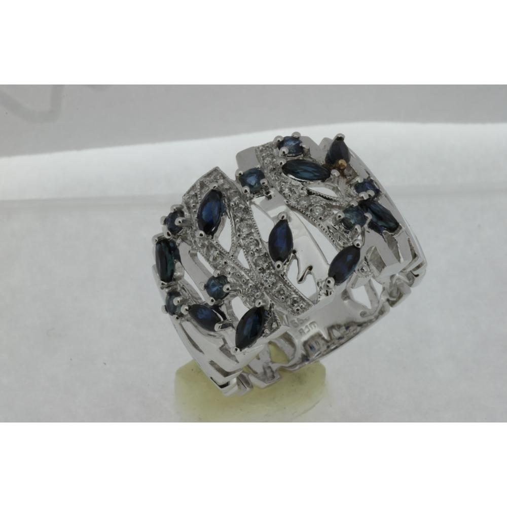 14K White Gold Sapphire & Diamond Ring with Marquise-Cut Sapphires and Round Diamonds - 1.48 Carats Total Gem Weight