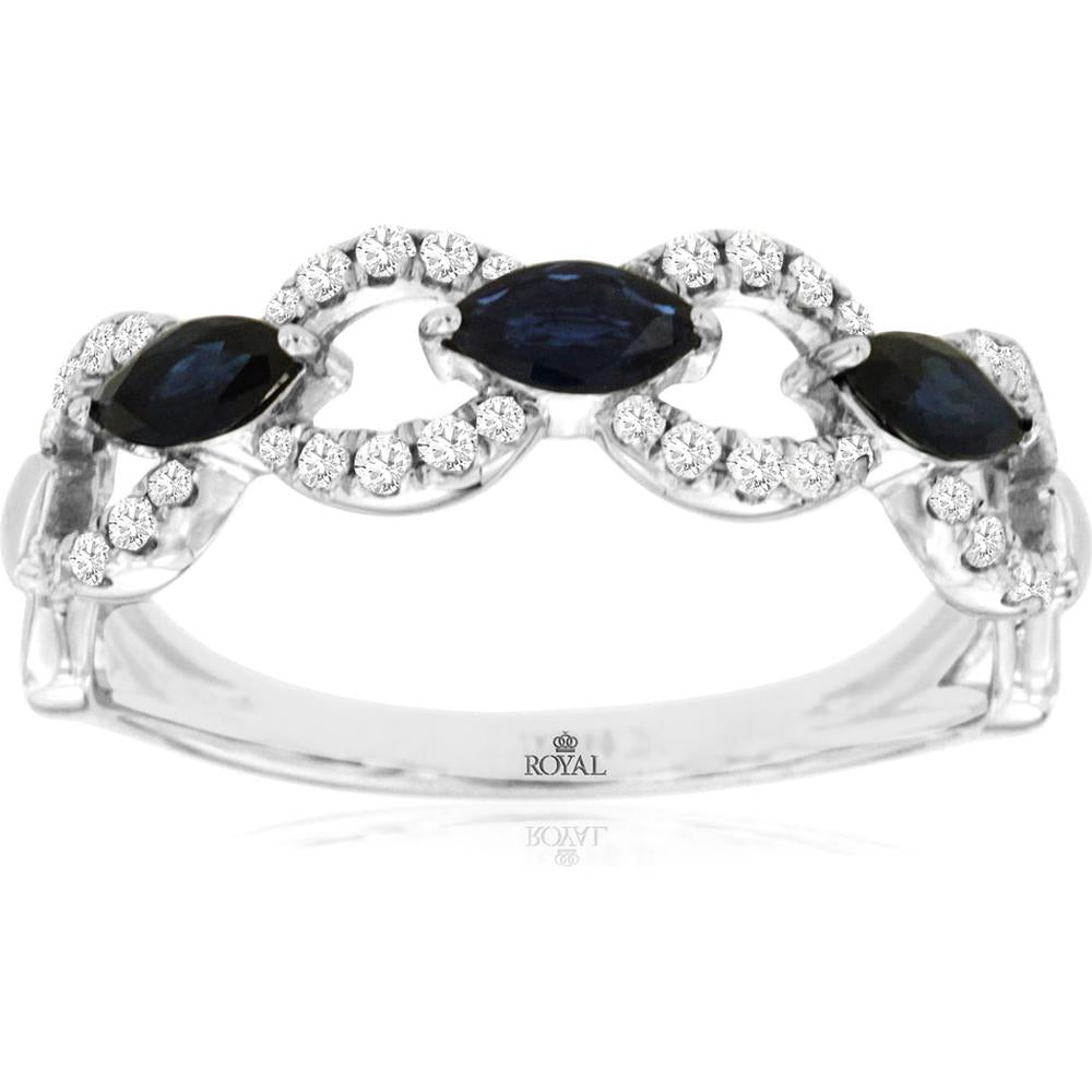 14K White Gold Sapphire & Diamond Ring with Marquise Sapphires and Round Diamonds - 0.77 Carats Total Gemstone Weight