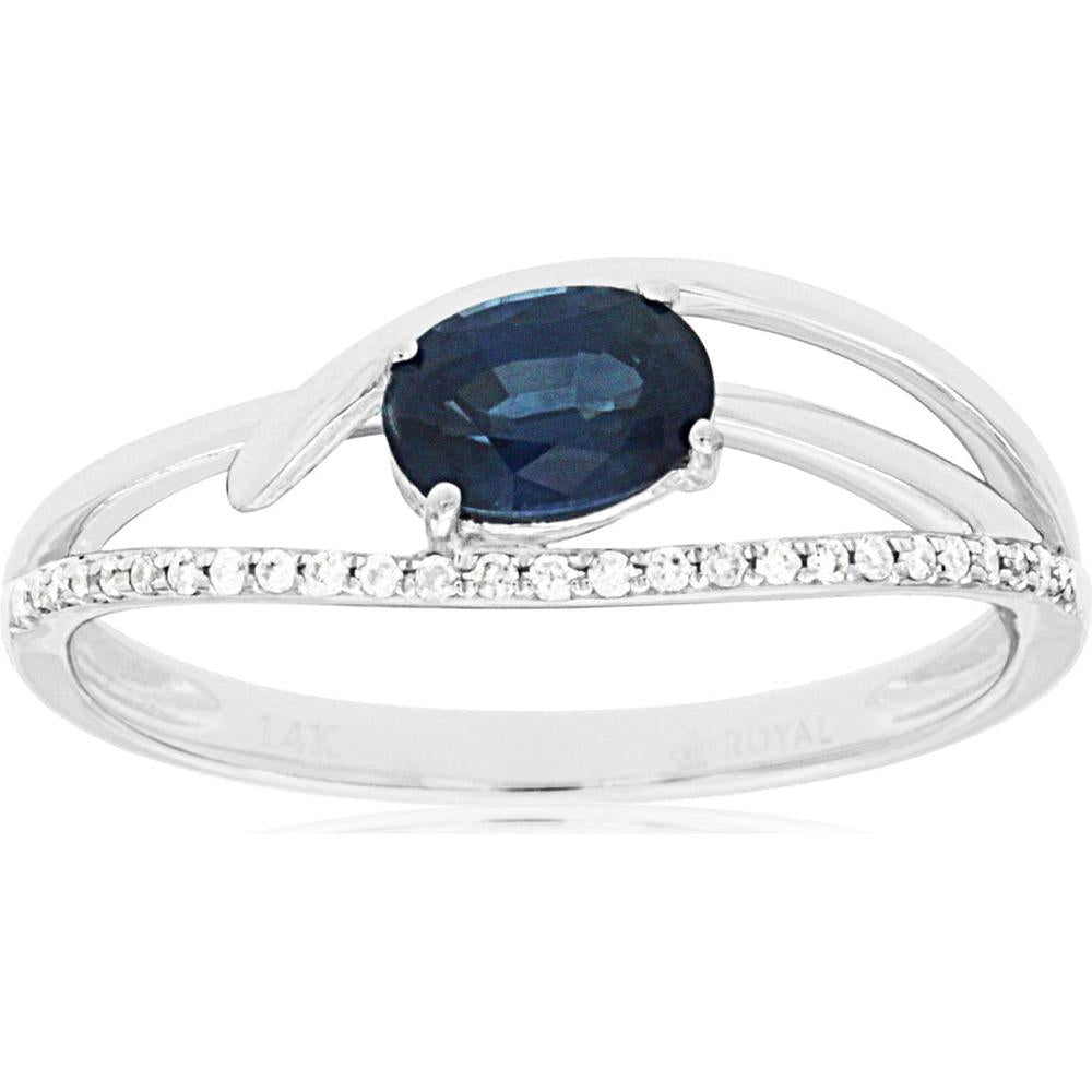 14K White Gold Sapphire & Diamond Ring with Oval Sapphire - 0.65 Carats Sapphire Weight, 0.08 Carats Total Diamond Weight
