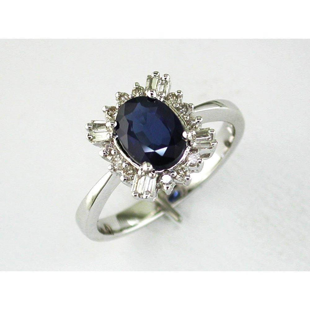 14K White Gold Sapphire & Diamond Ring with Oval Sapphire and Baguette Diamonds - 1.65 Carats Total Gem Weight