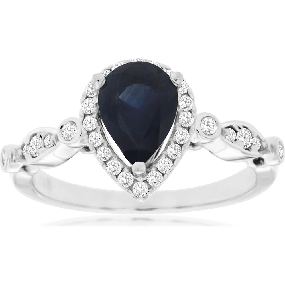14K White Gold Sapphire & Diamond Ring with Pear Shaped Sapphire - 1.45 Carats Total Gem Weight