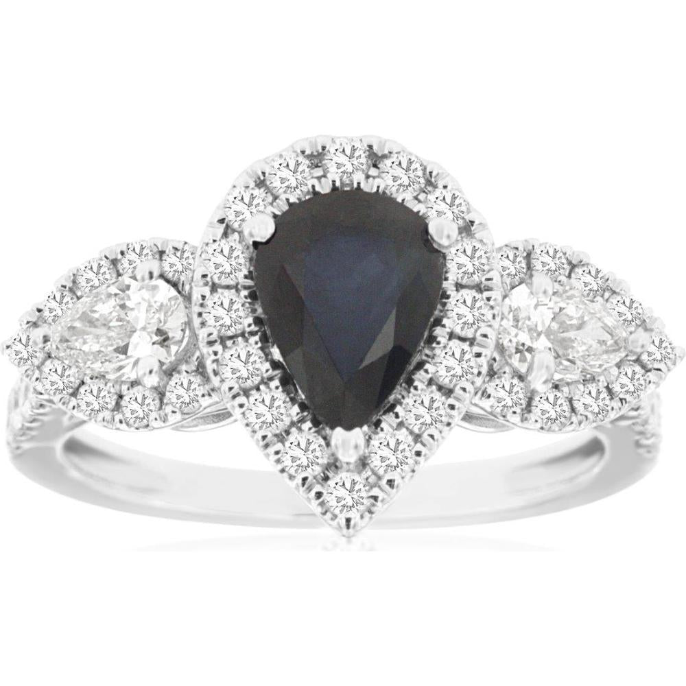 14K White Gold Sapphire & Diamond Ring with Pear-Shaped Sapphire and Pear Diamonds - 2.20 Carats Total Gemstone Weight