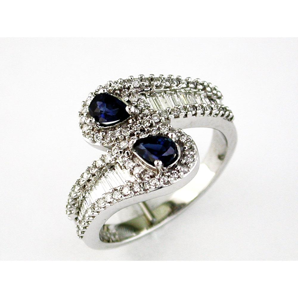 14K White Gold Sapphire & Diamond Ring with Pear-Shaped Sapphires and Round & Baguette Diamonds - 1.42 Carats Total Sapphire Weight