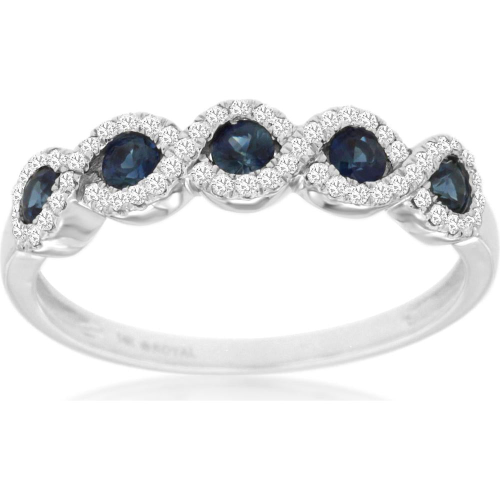 14K White Gold Sapphire and Diamond Ring with Round Blue Sapphires and Diamond Halo Accents - 0.28 Carat Total Sapphire Weight and 0.20 Carat Total Diamond Weight - Royal Jewelry
