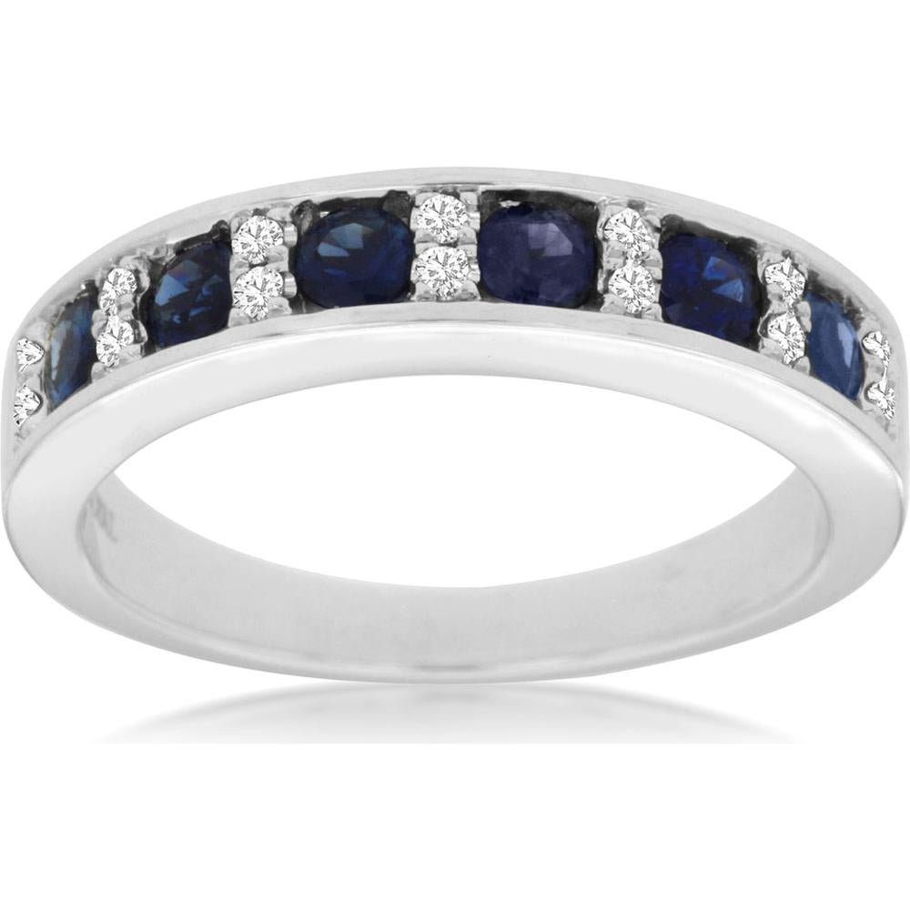 14K White Gold Sapphire & Diamond Ring with Round Sapphires and Brilliant Diamonds - 0.91 Carats Total Gem Weight